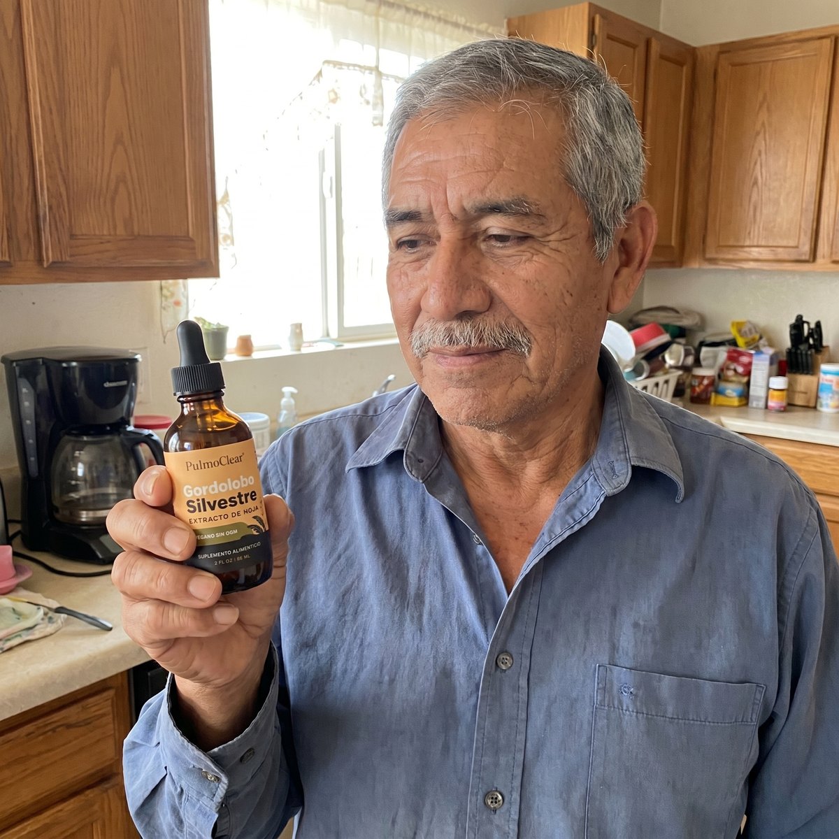 Hombre latino mayor sosteniendo PulmoClear en su cocina por la mañana.