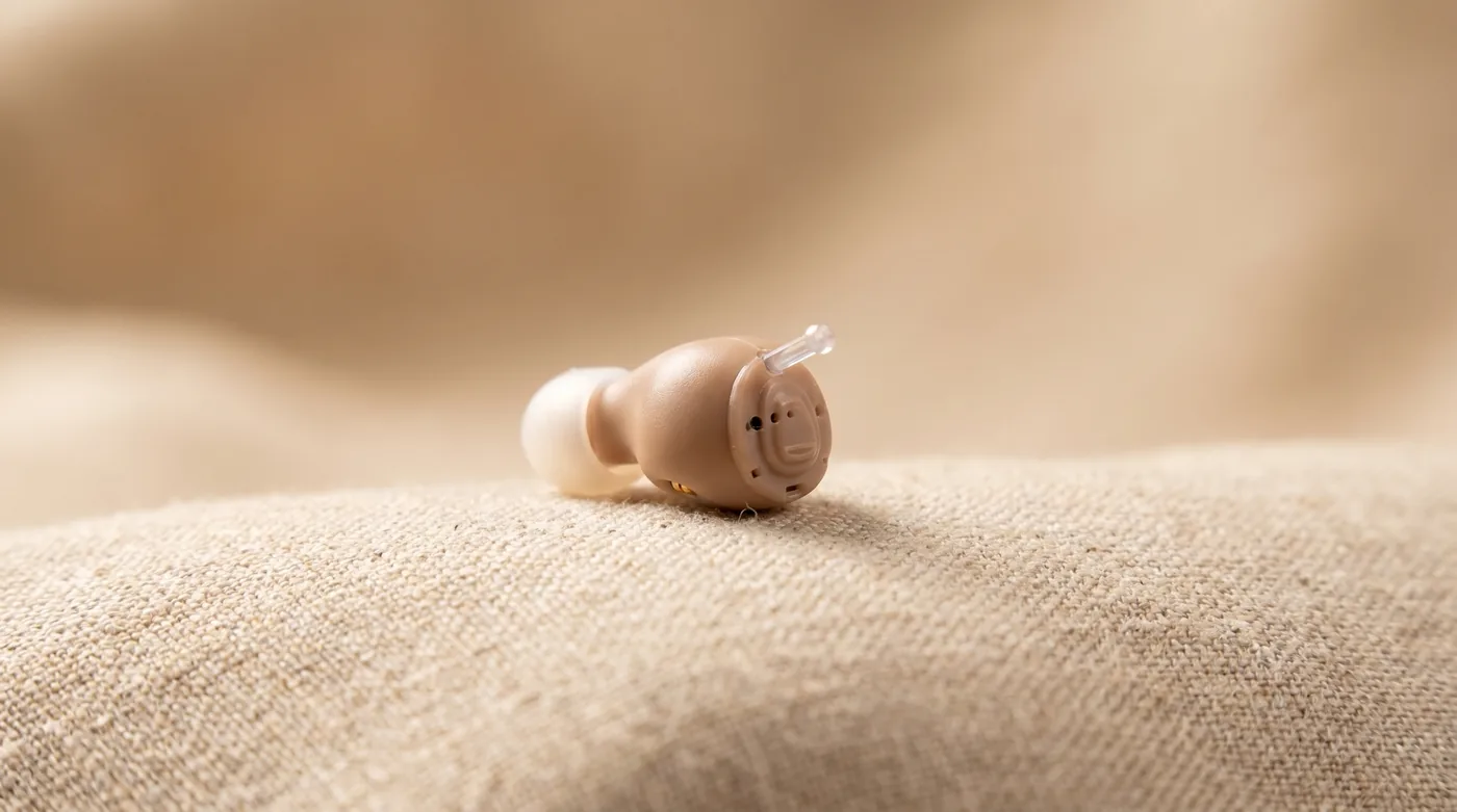 Close-up of a single ClearHear hearing aid, showing how small and discreet it is