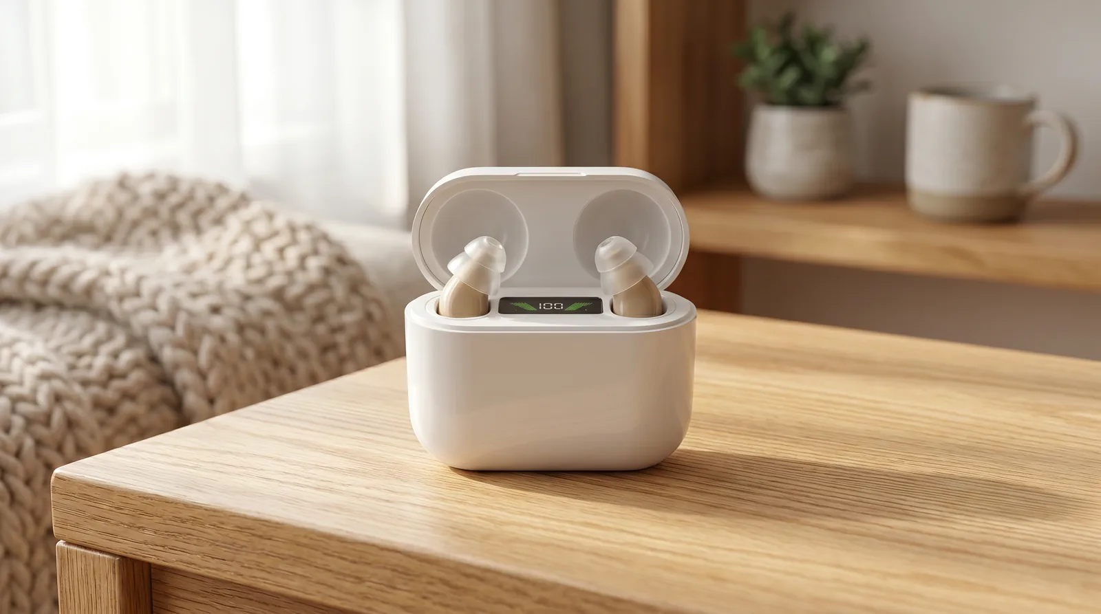 ClearHear charging case open with the two hearing aids inside, on a warm wooden surface