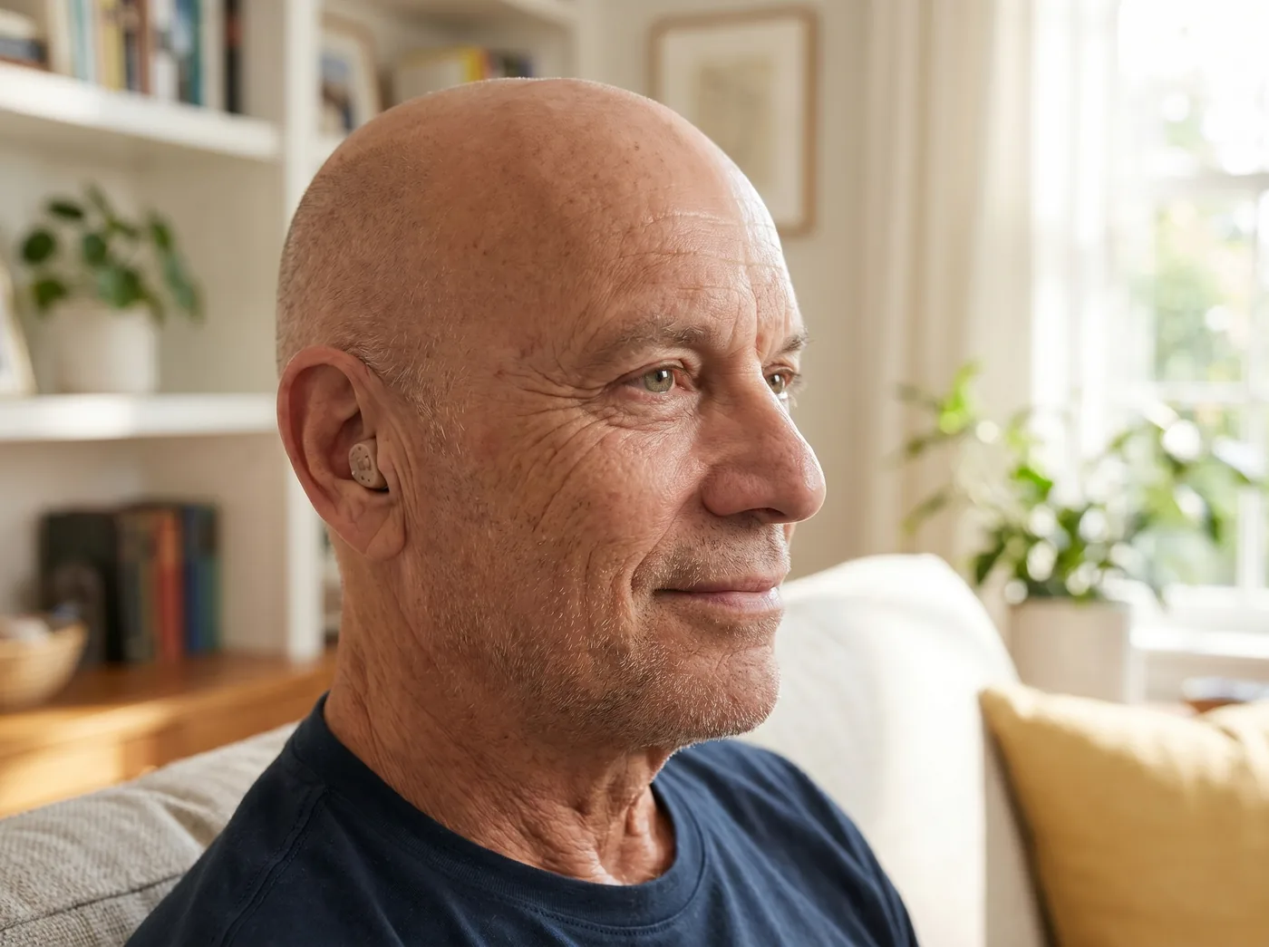 A man wearing the discreet ClearHear in-ear device