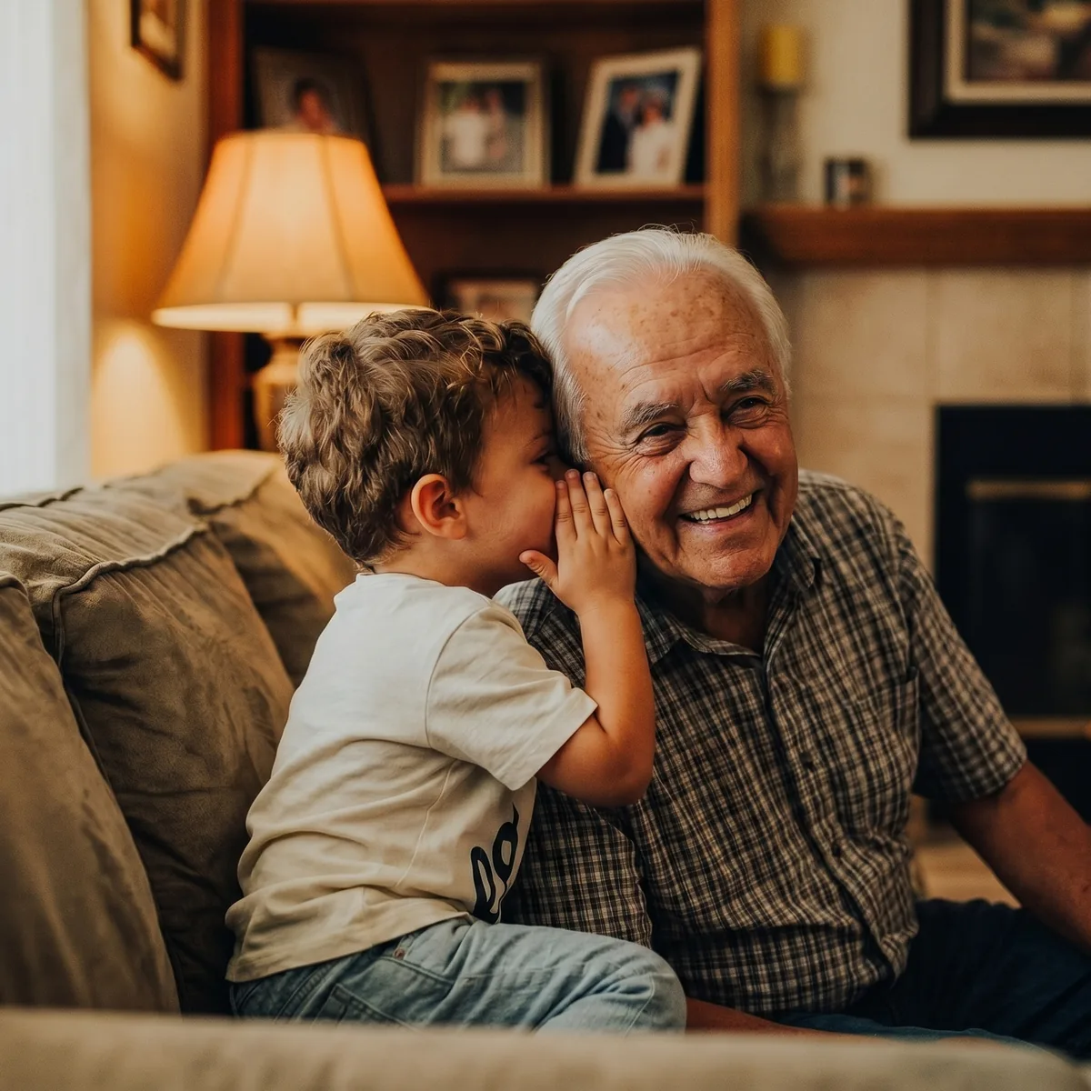 Grandfather listening to his grandchild