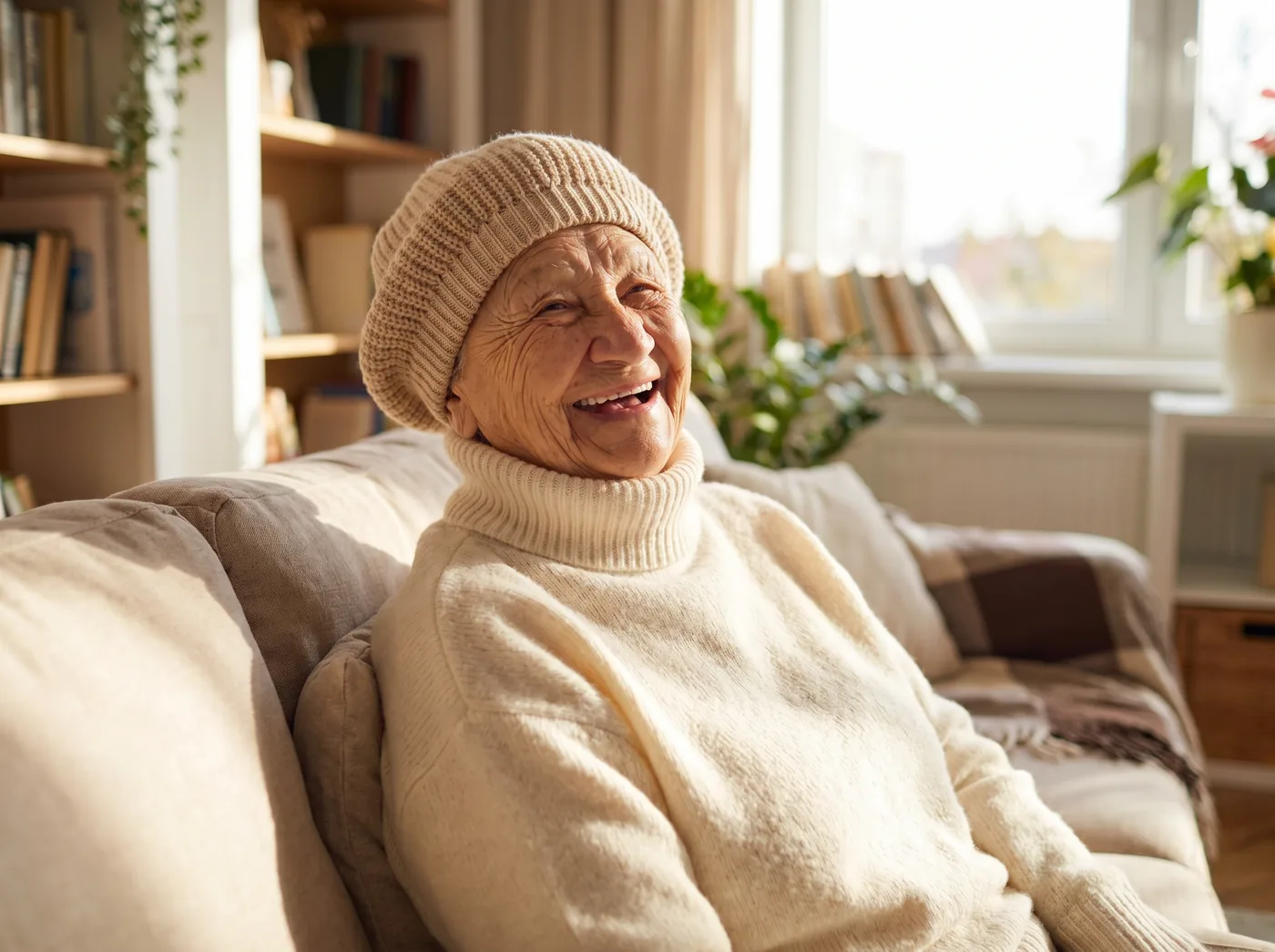 An older woman laughing warmly at home