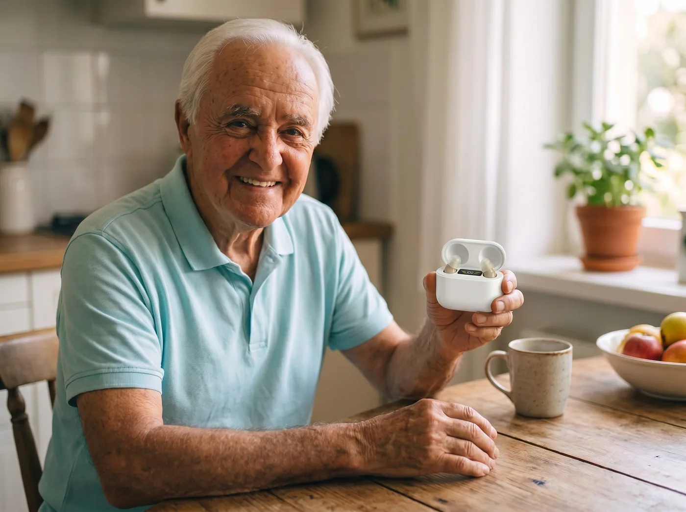 A man smiling while holding the ClearHear charging case